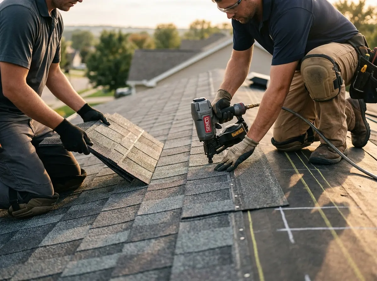Professional roofer working on a residential roof in Pewaukee